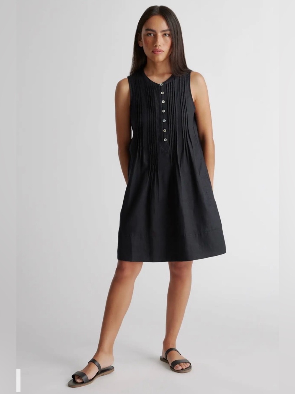 Quince Sleeveless Black Pleated 7 Button-Front Dress•100% European Linen•Size Lg